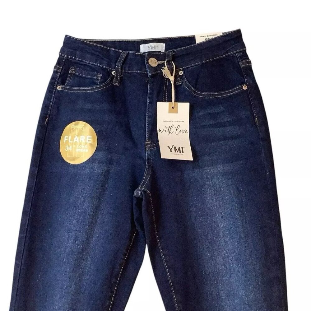 NWT YMI Jeans High Rise Flare Frayed Hem Blue Denim Womens Size 5/27 - Picture 2 of 12